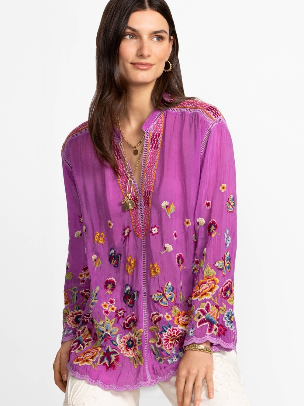 NWT Johnny Was Maude Blouse Tunic Embroidered Magenta Long Sleeve Top XS